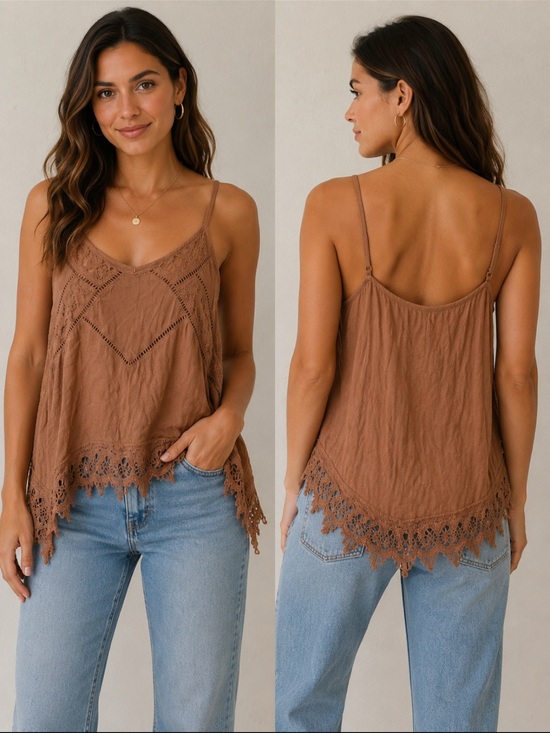 coco + jaimeson Tops - Brown Asymmetrical Crochet-Trim Spaghetti Strap Tank, Size M, Boho Fairy